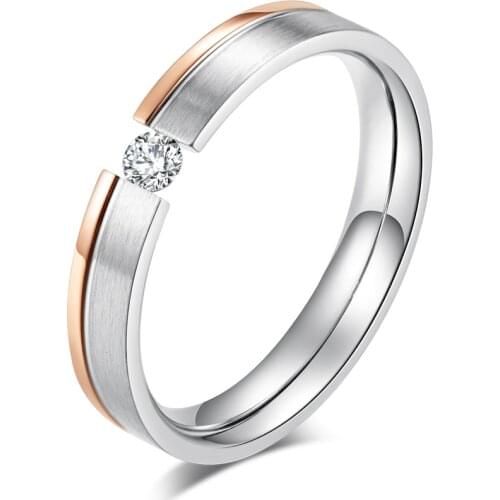 JHSL 4 mm Small Stainless Steel Women Rhinestone Wedding Rings Rose Gold Color US size 5 6 7 8 9