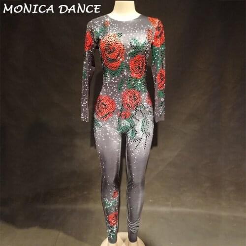 Womens Birthday Celebrate Dance Party Bodysuit Sparkly Rhinestones Black Jumpsuit Rose Flowers Clothes Stage Wear 1pcs Leggings