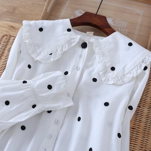 Lamtrip Unique Black Dots Embroidery Sweet Brief Peter Pan Collar Cotton 100% Long Sleeve Shirt Blouse 2021 Spring