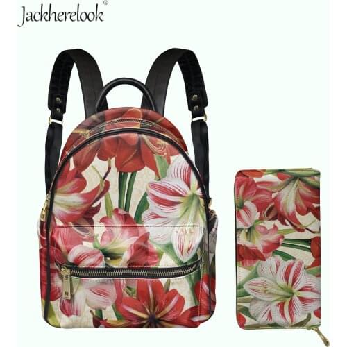 Vogue Double Shoulder Pack with Clutch Moneybag Set for Lady Flower Prints Casual Female Pu Leather Backpack Card Holder Wallet