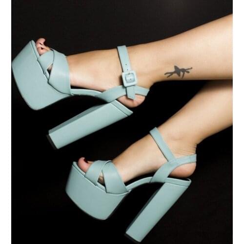 Newest Chunky Heels Sandals Blue Black Matte leather Ankle Strap Dress Shoes Square Heels High Platform Summer Pumps
