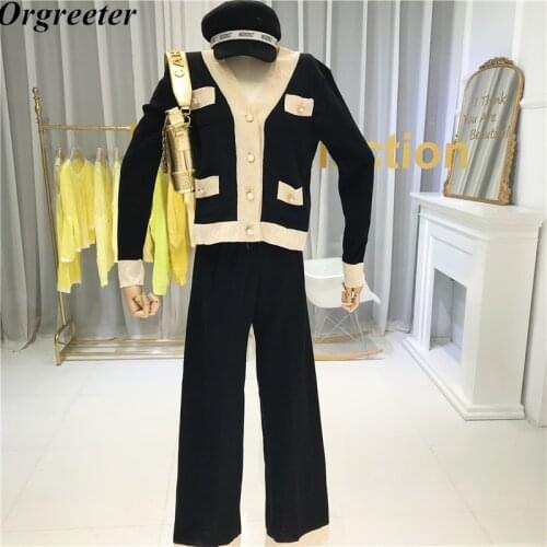 Autumn 2020 New OL Ladies Knit Cardigans Pants 2pcs Fashion Suit V-neck Sweater Top Wide Leg Pants Winter Tracksuit Women