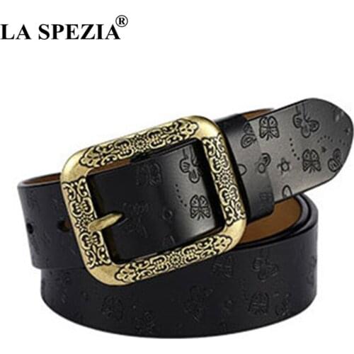 LA SPEZIA Real Leather Belt Women Black Square Pin Belt Female Fashion Genuine Cow Leather Embossed Butterfly Waist Belt