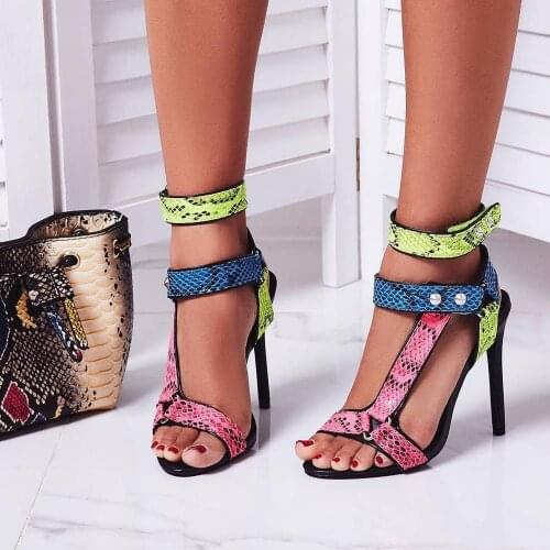 Moraima Snc Sexy Snakeskin Pattern High Heel Sandals Open Toe Colorful Leather Thin Heels Gladiator Shoes Woman Cutouts Sandal