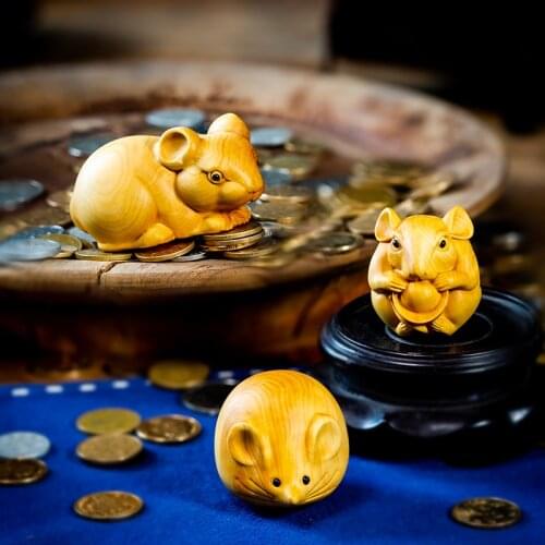 Cute Mouse Money Rat Year Gift Small Figurines Wood Animal Statue Arts Crafts Solid Wood Statue Lucky Statue Handmade Carved