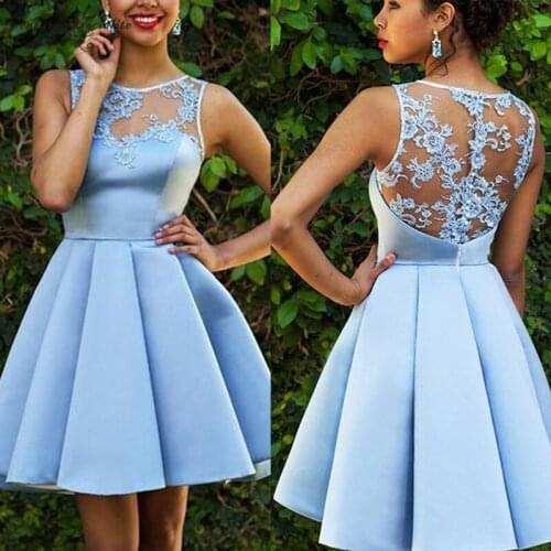 Light Blue Short Homecoming Dresses Lace Appliques Sheer Back Satin Mini Prom Party Gowns Cocktail Dress Cheap