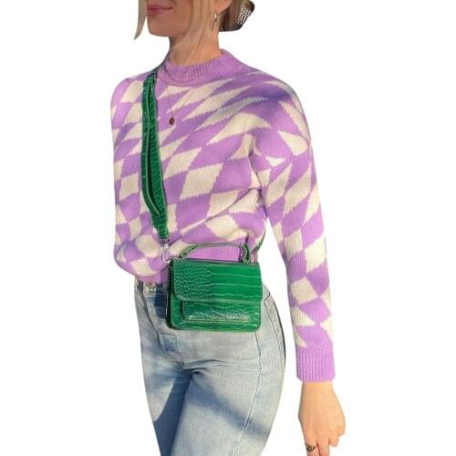 2021 New Women Fashion Loose Style Sweater Rhomboid Pattern Round Collar Long Sleeve Knitwear Purple/ Green