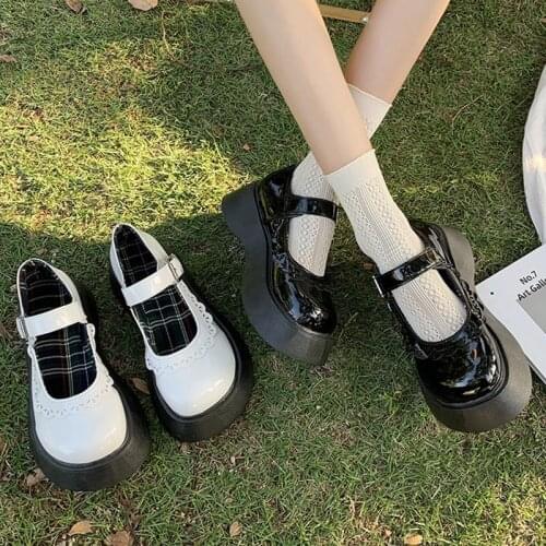Lolita Shoes Lace Mary Janes Shoes Round Toe Platform Leather Shoes Women Oxford Shoes Black Girls Student Thick Sole 9202G