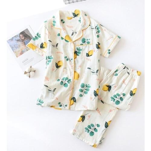 Fresh Flamingo 100% Gauze Cotton Sleepwear Women Short Sleeve Trousers Cozy Pyjamas Japanese Pajamas Sets Women Summer Pijama