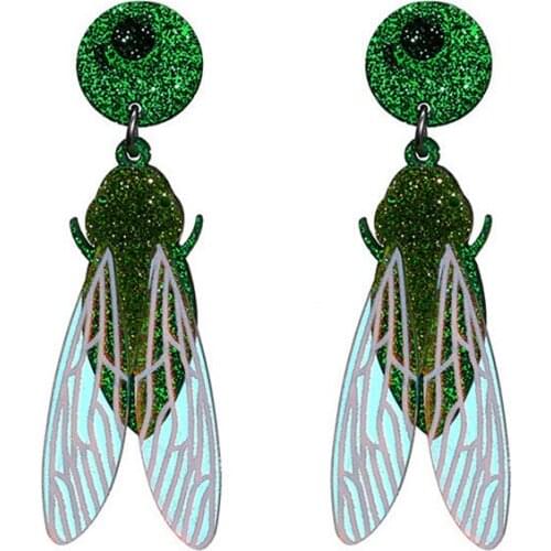 Cute Green Glitter Cicada Acrylic Drop Earrings For Women Long Wings Insect Dangle Earrings Fashion Party Jewelry Accessories