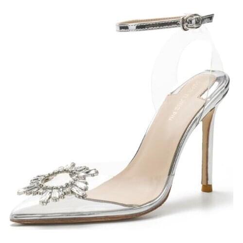 Moraima Snc Clear PVC Patchwork High Heel Shoes Pointed Toe Crystal Embellished Woman Pumps Ankle Strap Cutouts Party Dress Shoe