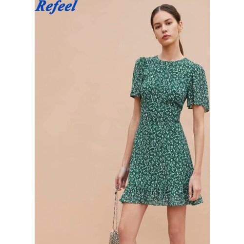 Vintage Green Floral Print Dress Women O Neck Short Sleeve A-line Holiday Summer Chiffon Dress Ruffle Vestido