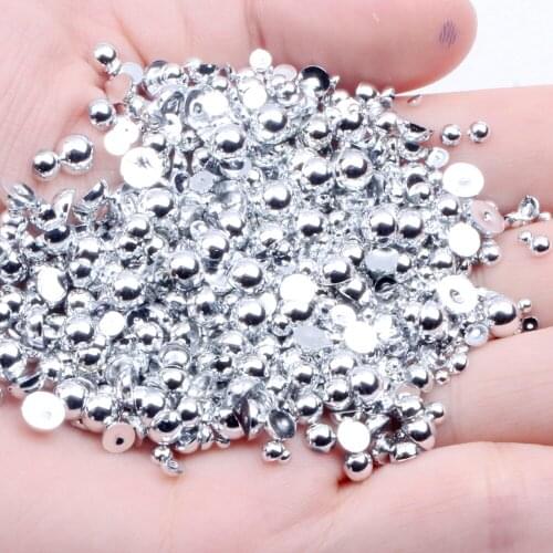 2-12mm And Mixed Sizes Silver Resin Rhinestones Half Round Pearl Nail Beads 3D Nail Jewelry Design Decorations Nail Art Supplies