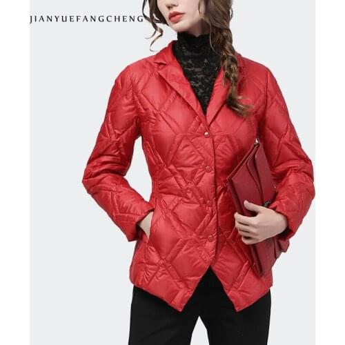 2020 Winter New Women Red Down Jacket Elegant Slim Short Suit Collar White Duck Down Coat Warm Lightly Plus Size Office Cotton