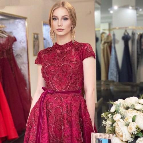 2020 платье Celebrity High Neck Luxury Asymmetrical Evening Dresses 2020 Cap Sleeve Lace Beading Evening Gowns graduation robes