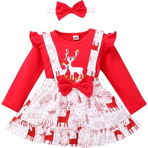 3Pcs Baby Girls Christmas Outfits, Ruffle Long Sleeve Reindeer Letter Tops + Suspender Skirt + Headband Set 1-4T