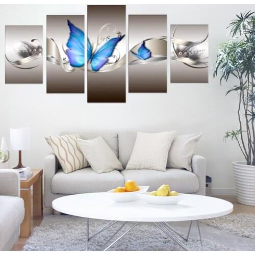 Blue butterflies Home Wall Decoration 5 Piece Set Canvas Printing Drawing Living Room Modern Space Art HD Print room Decoration
