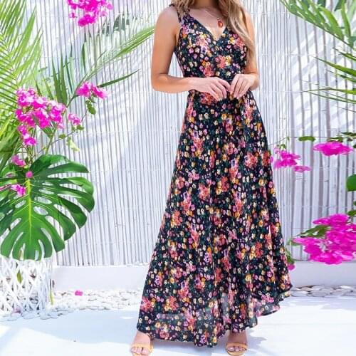 BAMBOOBOY New Elegant Charming Flower Floral Print Sleeveless Casual Beach Party Womens Maxi A Line Skater Dress FC901