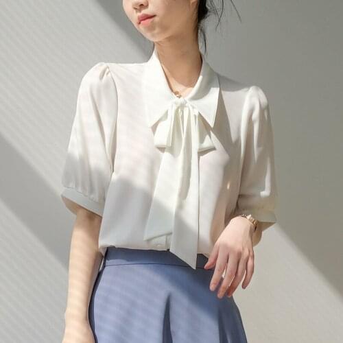 White Chiffon Shirt Casual 2021 Vetement Femme Short Top Women Dropshipping Free Shipping Items Clothes for Women Solid Bow 0962