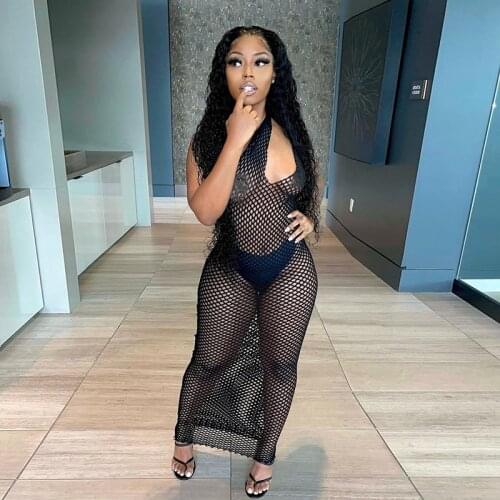 BKLD Bodycon Maxi Dress 2021 Summer Clothing New Sexy Solid Color One Shoulder Sleeveless See-Through Mesh Dress Women Black