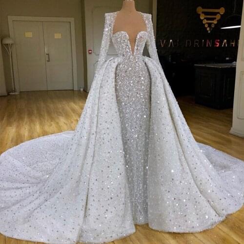 Glitter Sequins Prom Dresses 2021 African Long Sleeve Sparkly Beading Evening Dress With Detachable Train Formal Party robes de