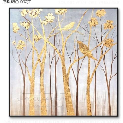 Pure Hand-painted Beautiful Wall Art Abstract Gold Foil Bird and Tree Oil Painting on Canvas Handmade Gold Foil Birds Painting