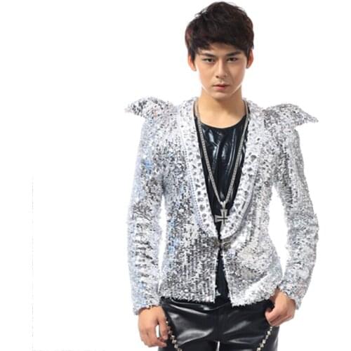 Jazz Dance Costumes 2019 Silver Sequin Glitter Jacket Blazer Prom Male Stage Clothes Coat Men Singer Pole Dancing Clothing DT808
