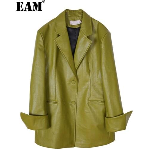 [EAM] Loose Fit Green Pu Leather Big Size Jacket New Lapel Long Sleeve Women Coat Fashion Tide Spring Autumn 2021 1DA467