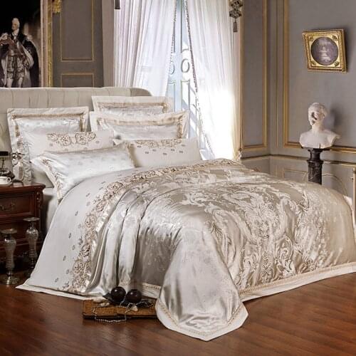 Satin jacquard Bedding Set Luxury High-end Cotton Queen King size Silky Duvet Cover Bed sheet Soft Flat sheet pillowcases