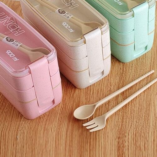 900ml Healthy Material Lunch Box 3 Layers Of Wheat Straw Bento Microwave Boxes Food Storage Tableware Childrens Lunch Box