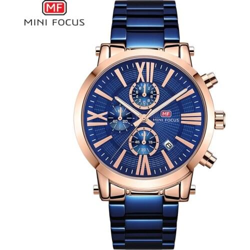MINI FOCUS Mens Chronograph Watches Luxury Business Dress Quartz Watch for Man Waterproof Relogios Masculino Clock 0219G Blue