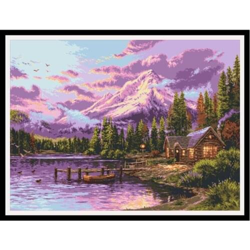 Lakeside Sunset View Counted Cross Stitch Kits Pattern Pre-Printed Fabric Embroidery Sets 11CT 14CT For Needlework Wall Painting