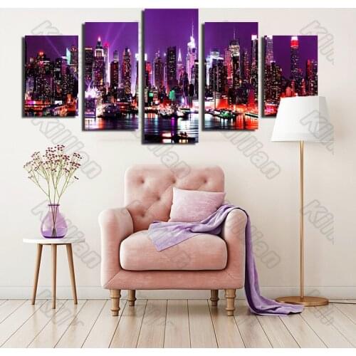 Modern Style Murals Canvas Painting Bed Home Decoration Prints 5 Pieces Purple Seaside City Living Room Wall Mural