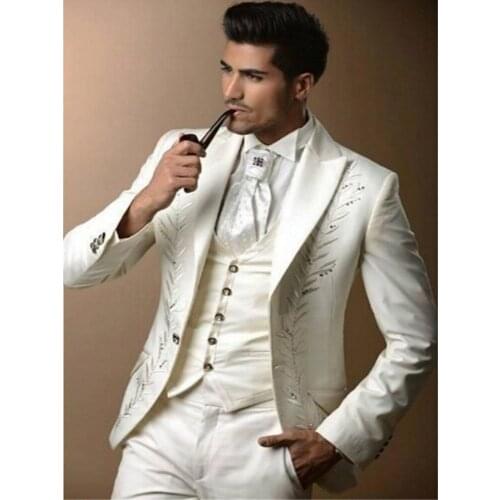Slim Fit Embroidery White Groom Tuxedos Men Clothing Business suits Man Party Prom Blazer Suits Custom Made(Jacket+pants+Vest)