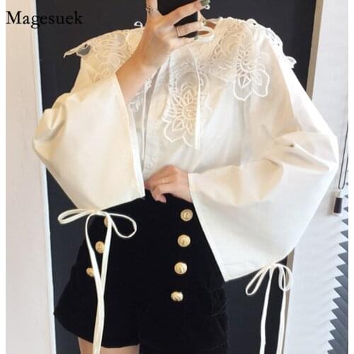 Lapel Plus Size Butterfly Sleeve Bow Shirt Casual Loose Tops White Blouse Fashion Asymmetrical Hem Shirts Women Appliques 13107