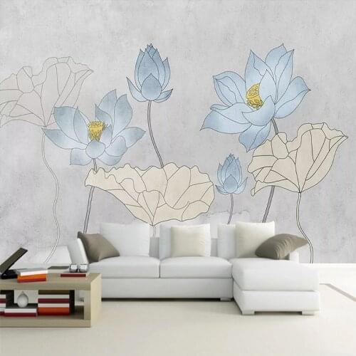 Custom Non-woven Wallpaper For Bedroom Walls 3D Chinese Style Hand Painted Lotus Flower Grey Background Wall Decoration Mural