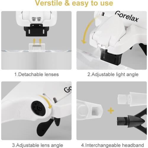 Headband Magnifier Glasses With LED Light, Head Mount Magnifier Hands Free Reading Magnifying Glasses for Jeweler Loupe Craft