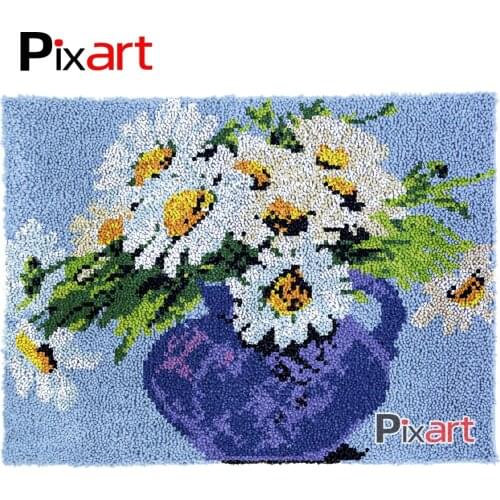 Latch Hook Rug Daisy & Vase Lush Wall Tapestry Kits DIY Carpet Rug Lofty Yarn Cushion Arts Crocheted Fluffy Floor Mat Crafts