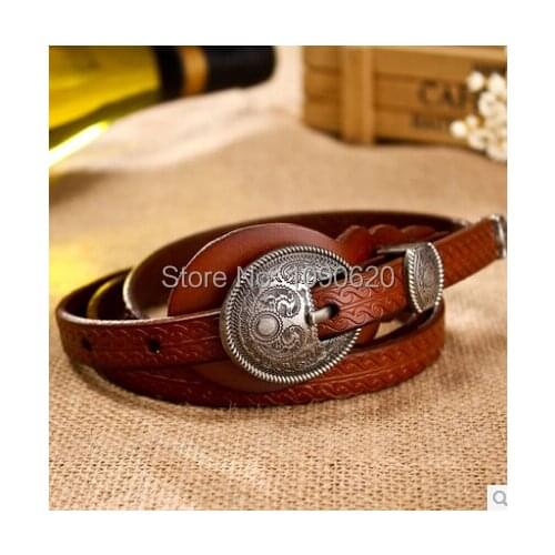Hot selling personalized genuine leather belt vintage royal buckle 4 colors women thin embossed belt all match