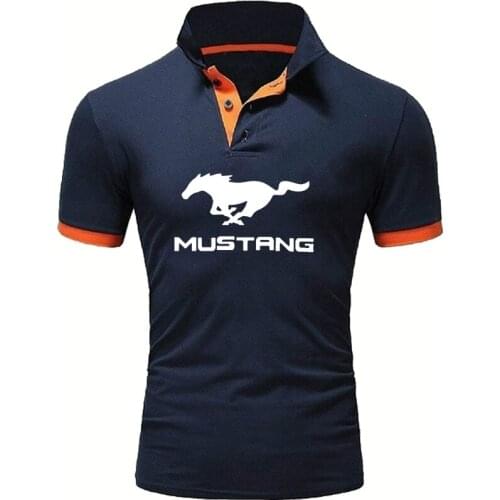 NEW Summer Fashion Solid color short sleeve Mustang Car Logo Printing casual tops high quality Pure cotton Mens polo shirt