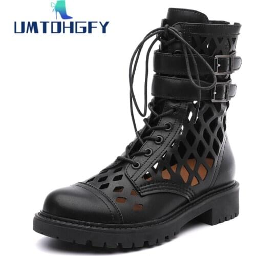 Genuel Leather Sandals Hollow Martin boots female summer breathable mesh boots British style in the tube thin short boots female