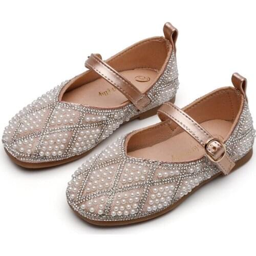 Chic Girls Leather Shoes Kids Casual Flats with Pearls Beading Princess Childrens Wedding Party Dress Shoes Ins Hot 2021 Spring