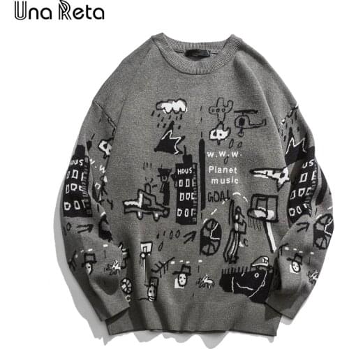 Una Reta Mens Sweater New Autumn Fashion Print Cartoon Sweater Pull Homme Casual Loose Vintage Pullover Sweater Men