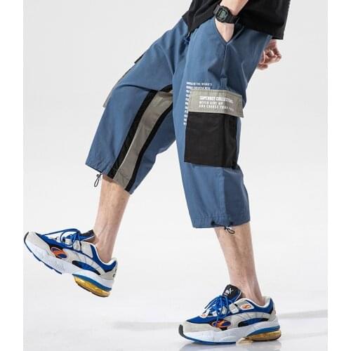 HOUZHOU Black Cargo Pants Men Joggers Grey Capri Pants Blue Casual Japanese Sweatpants Hip Hop Spliced Mens Cargo Trousers Male