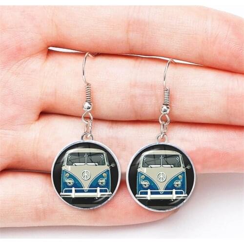 Vintage Hippie Peace Van Bus Photo Drop Earrings Retro Beach Bus Car Collectors Bus Peace Sign Dangle Earring Jewelry for Women