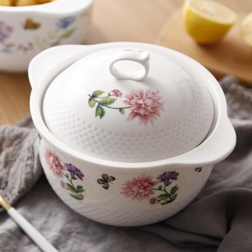 Japanese soup bowl with cover ceramic double ears large noodle bowl pot Chinese household microwave oven tureen