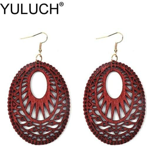 YULUCH 2019 Women Vintage Earrings Fashion Jewelry Ethnic African Black Red Hollow Wood Long Water Drop Earrings For Women Party