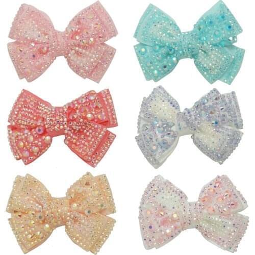 12 Pieces/lot 4" Plain Rhinestone Hair Bows With Black Clips For Kids Girls Boutique Crystal Bows Hairgrips Hair Accessories