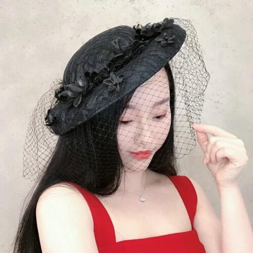 Vintage Ivory Black Lace Wedding Hat For Women Flower Veil Fascinator Headpiece Church Cocktail Party Fedora Hair Accessories