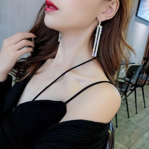 Drop Rectangle Women Jewelry Gold Silver Color Geometric Shining Fashion Long Gift Earring Luxury Rhinestone Party Dangle